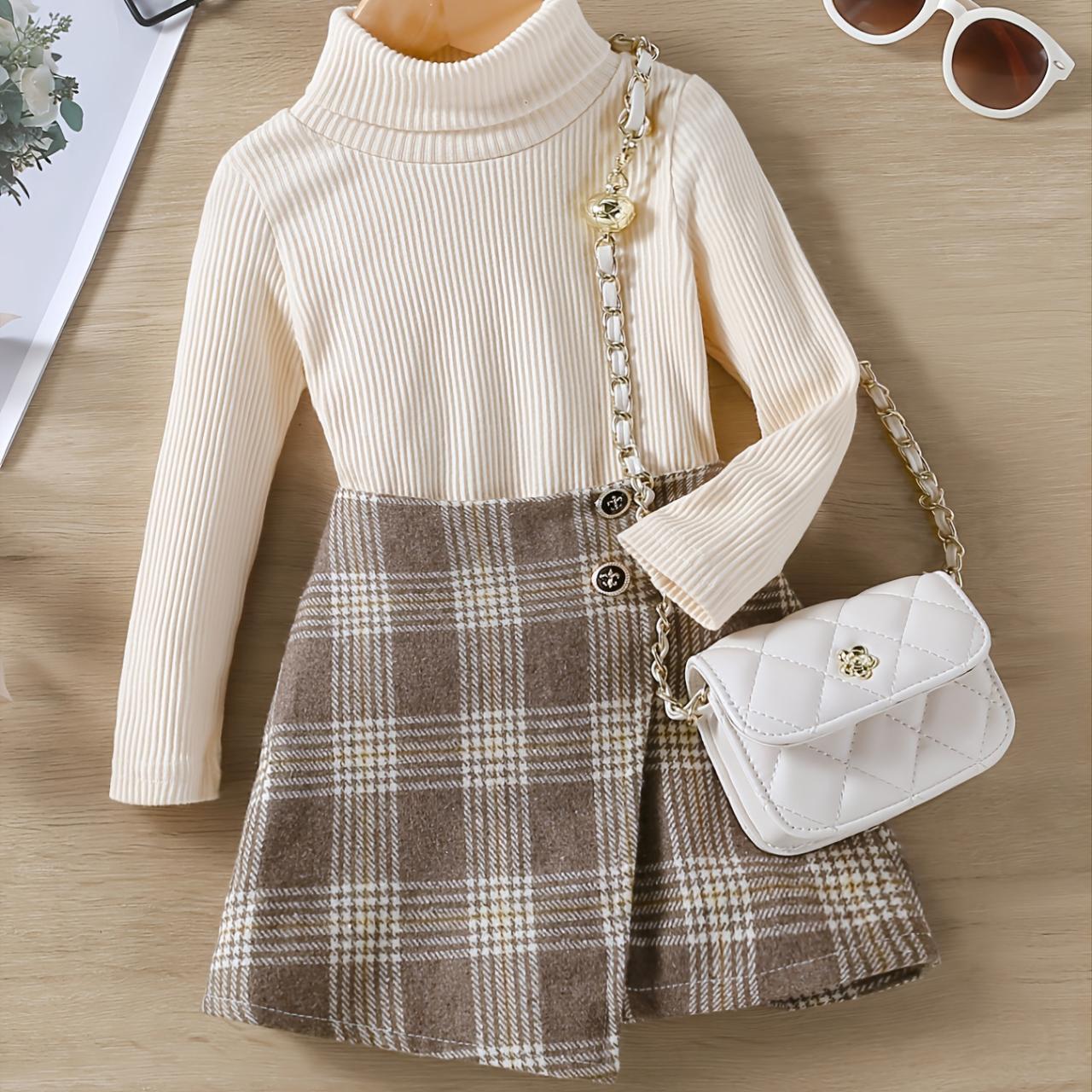Autumn Winter Girls Long-sleeved High Neck Top+plaid Skirt 2pcs Set ... Autumn Winter Girls Long-sleeved High Neck Top+plaid Skirt 2pcs Set ...